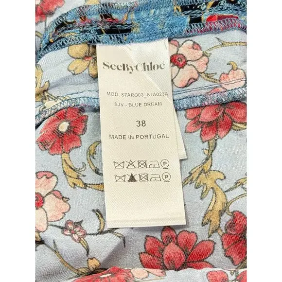 See By Chloe Floral Print Silk Caftan Dress Sz 38 6 Blue Dream Cottagecore Boho - Picture 10 of 16